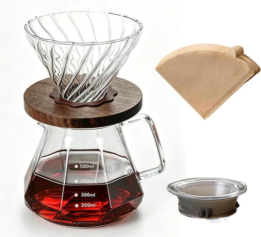 BeeCa Manual pour over coffee maker, Heat Resistant Glass | 20Oz+50 Filters 1-4 Cup, No plastic taste, Crystal clear glass, Dishwasher safe, Borosilicate glass