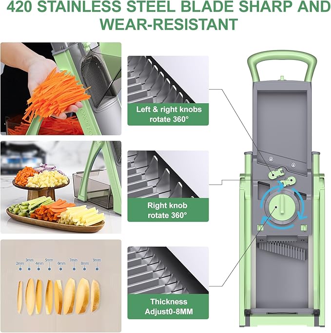 [All in 1] Upgraded Version Safe Mandoline Slicer for Kitchen, Adjustable Thickness. Veggie Slicer, Rapid Prep Mandoline, Detachable Blade, Cleaning Brush (Green)
