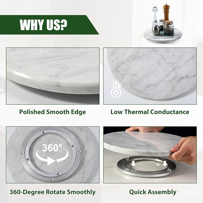 12" Marble Lazy Susan Turntable - 100% Natural Stone Round Serving Tray with Silent Spinning, Revolving Cake Stand & Cheese Board for Kitchen Countertop, Cupcake Table Display, Food, Seasoning (White)