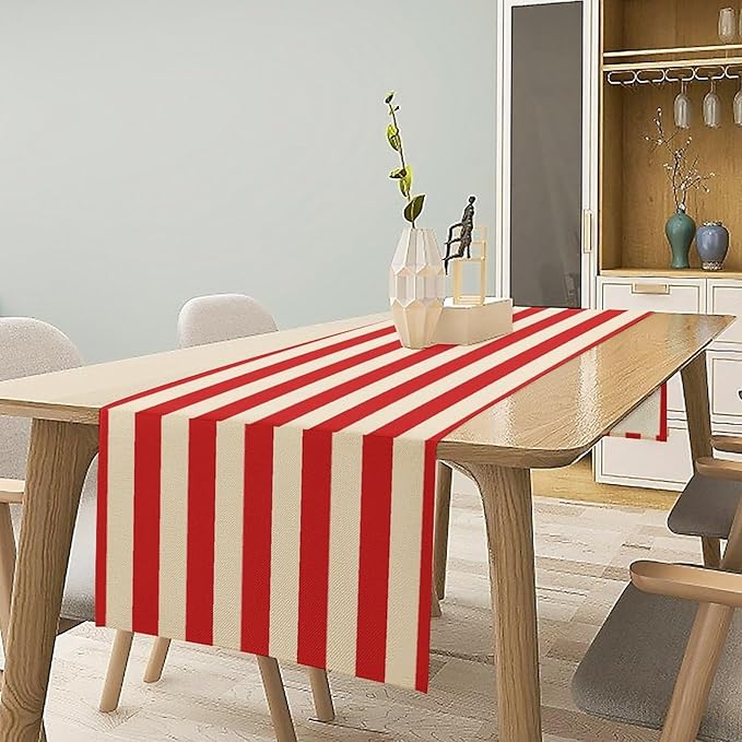 Striped Table Runner,Vintage Abstract Modern Red and White Striped Table Runner Decorated for Family Kitchen Table Party Decoration 13x120 Inch