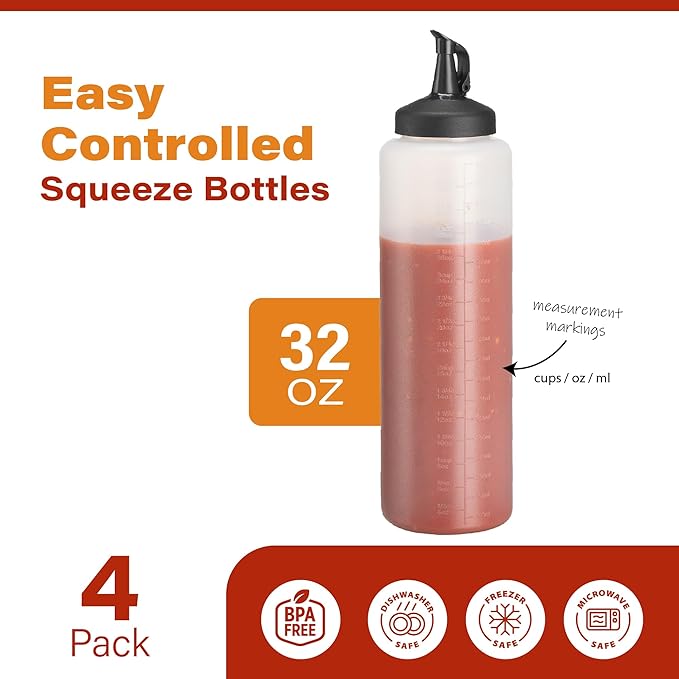 MIGHTY STRONG Condiment Squeeze Bottles - 32 Oz Squirt Bottles for Liquids, Easy Pour Sauce Bottles with Leak Proof Snap Cap