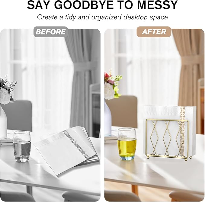 Napkin Holder for Table, Modern Metal Napkin Holders for Paper Napkins & Kitchen Dining & Countertops, Cocktail Upright Napkin Holder Dispenser Suitable for All Room Decors (Large, Gold)