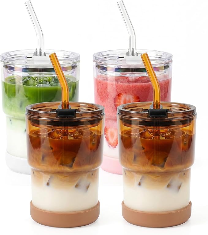 13 Oz Glass Cups with Lids and Straws, Reusable Iced Coffee Water Tumblers, Sealed Carry-On Thick Wall Drinking Cups for Cold Brew, Smoothie, Juice (4 Pack-2 Amber,2 Black)