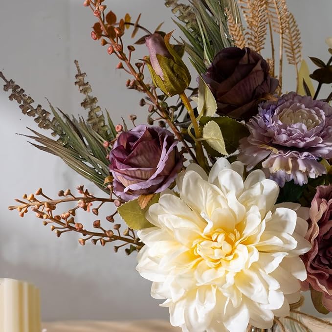 LESING Dahlia Flower Aritificial Flower with Vase Fake Silk Flowers in Glass Vase Faux Rose Flowers Arrangement for Home Office Table Centerpiece Decoration (Purple)
