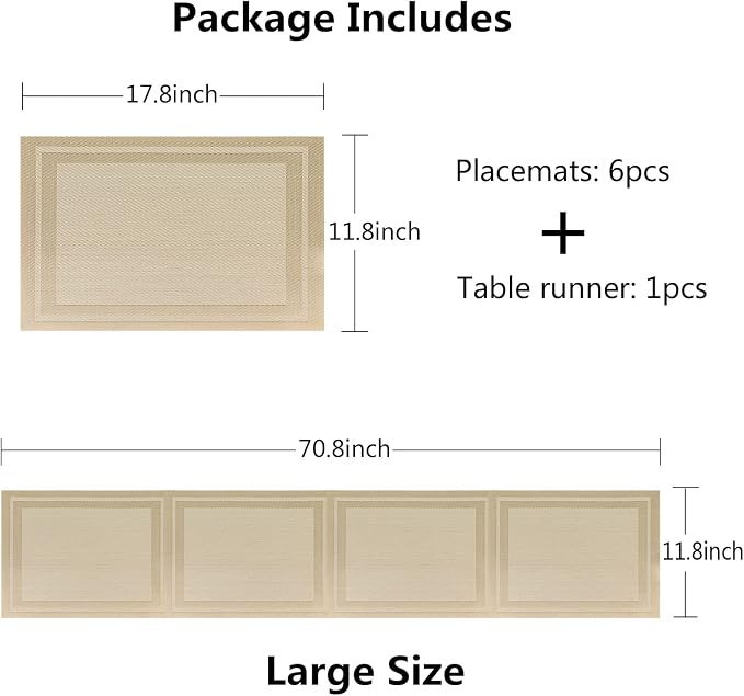 Placemats, Washable PVC Table Mats, Woven Vinyl Placemat for Dining Table Place Mats Set (6 Placemats and 1 Table Runner, Beige-Frames)