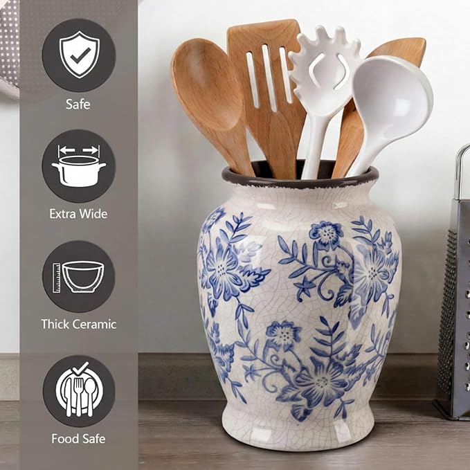 8 Inch Ceramic Utensil Holder for Kitchen Counter, Modern Vintage Farmhouse Rustic Cooking Utensil Crock for Countertop Cooking & Spoon Tools, Vintage Kitchen Counter Decor