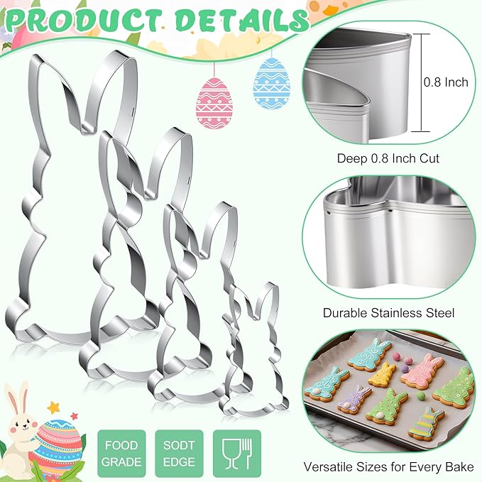 Qinyoung 4 Pcs Bunny Cookie Cutter Set- 5", 4", 3", 2" Large Stainless Steel Rabbit Cookie Cutter Fondant Biscuit Cooking Utensils for Baking for Easter Baby Shower Gender Reveal Birthday