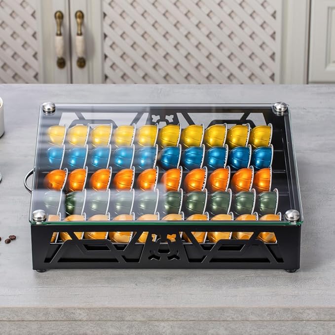 FlagShip Vertuo Pod Storage - Modern Glass Top Coffee Capsule Organizer & Space-Saving Pod Holder for Coffee Machines, Spacious 50 Vertuo Pods Capacity
