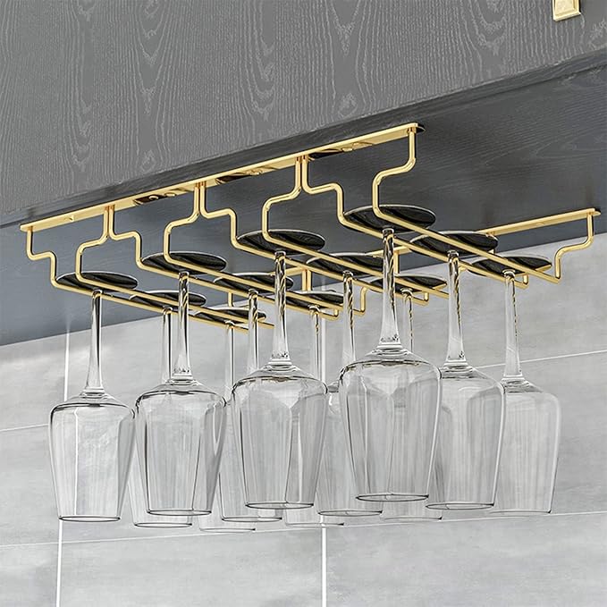 V3VOGUE Wine Glass Rack, Under Cabinet Stemware Wine Glass Holder, Glasses Storage Hanger, Hanging Stemware Display Rack, Perfect for Home, Storage Rack, Bar, Cellar, Cabine - Gold (Size : 6Row)