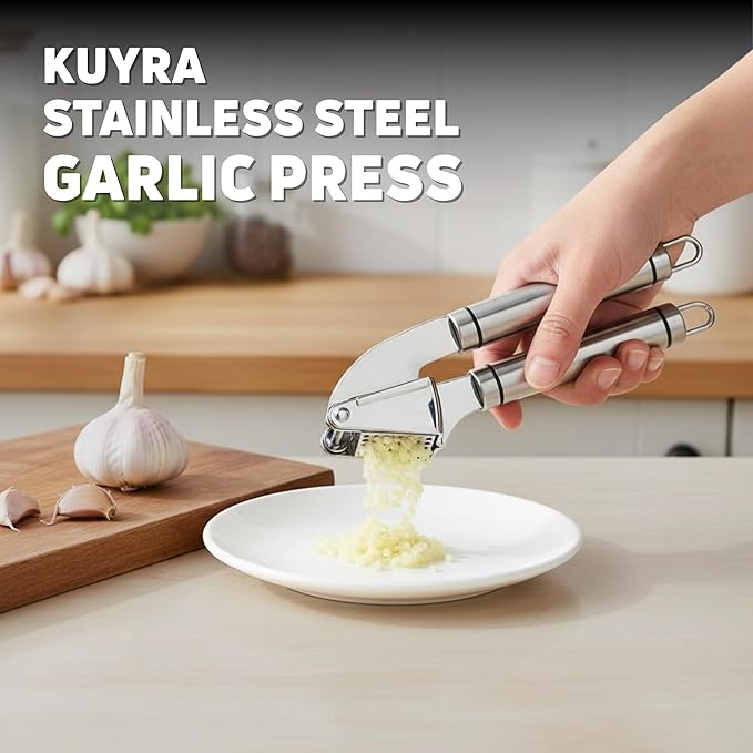 KUYRA Garlic Press Stainless Steel Set Premium Professional Garlic Mincer, Silicone Peeler & Brush, Clove Crusher, Handheld Mincer & Squeezer, Easy Clean Rustproof, Dishwasher Safe Kitchen Peelers