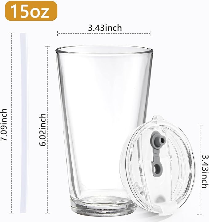 15oz Iced Coffee Glass Cup with Lid and Straw Thick Leak Proof Drinking Glasses Tumbler Set of 2 for Gift Cold Drink Smoothie Boba Tea(Clear*2)
