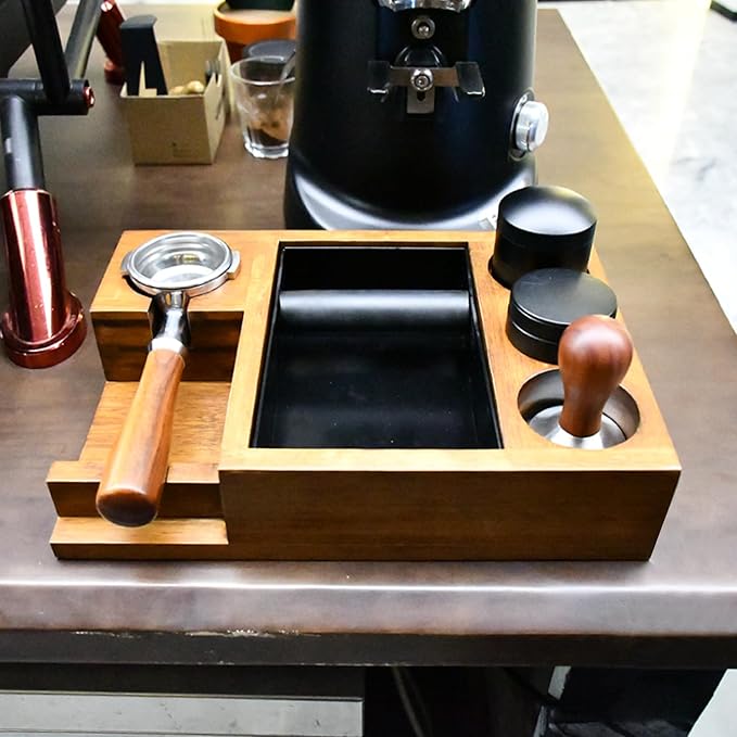 NAVREX 13.4'' Large Espresso Knock Box and Tamping Station, Solid Wood Espresso Accessories Organizer Box for 51MM-58MM Tamper, Distributor, Portafilter, High-Capacity Espresso Coffee Organizer