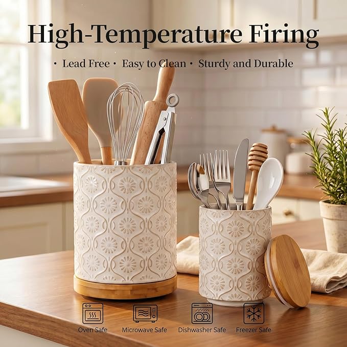 Newise Utensil Holder - Set of 2, Ceramic Kitchen Utensil Holder for Countertop, Large Utensil Crock with 360° Rotating Base, 6"+4" Embossed Cooking Storage and Decoration