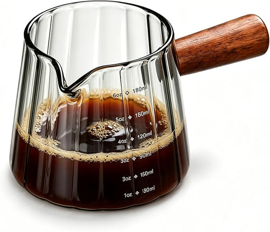 6 oz Espresso Cups - Glass Measuring Cups with Spout - Ribbed Small Creamer Pitcher- Expresso Shots Cup with Wood Handle for Coffee Milk, Dishwasher Safe (Grey, 1 pack)
