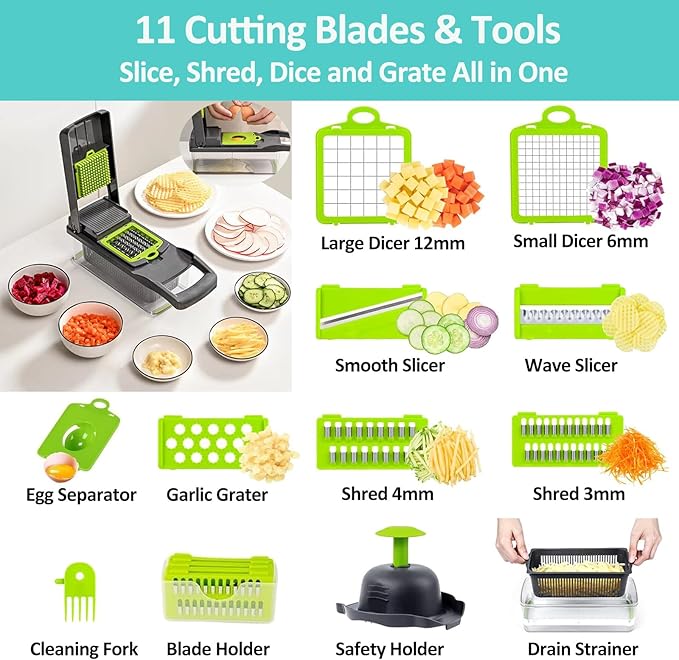 Pro Multifunctional Food Chopper - 13 in 1 Veggie Slicer, Dicer, Cutter for Onions, Carrots, Garlic and More,With 8 Blades,Vegetable Chopper