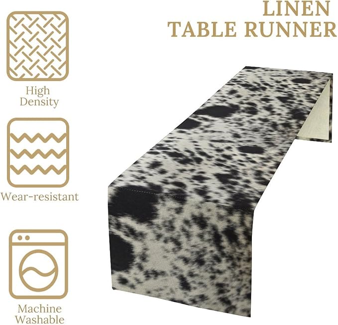 Cow Skin Print Table Runner, Western Cotton Linen Rustic Cottage Country Farm Animal Fur Skin Pattern Brown Cowhide Print Dinner Runner for Home Kitchen Dining Table Decoration 13x108 Inch