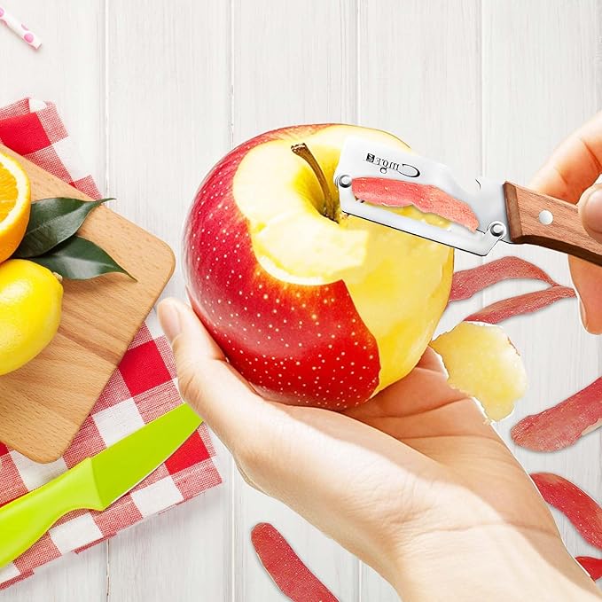 Stainless Steel Vegetable Peelers for Kitchen with Bottle Opener, Non-Slip Wooden Handle - for Paring Fruits and Veggies like Potato, Apple, Carrot, Mango, Lemon, and Sugarcane