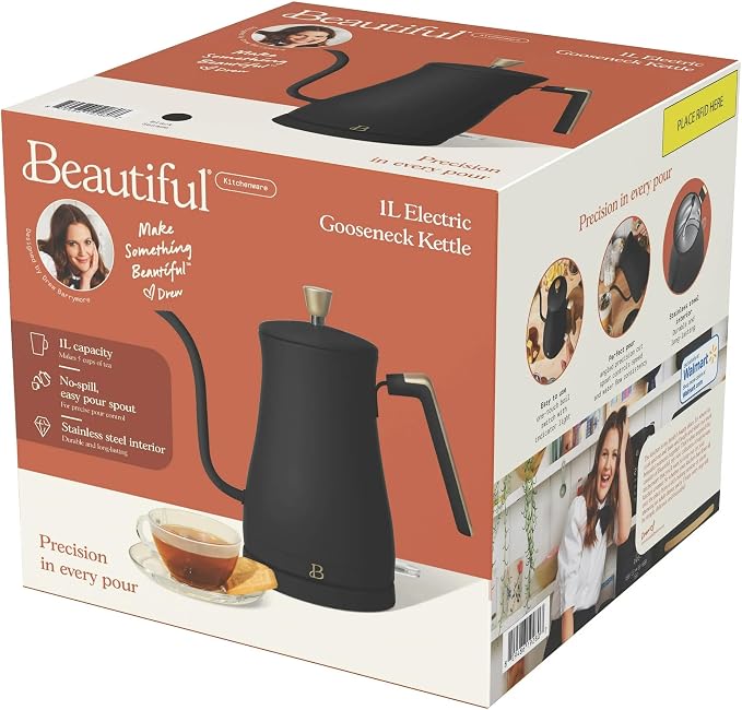 Electric Gooseneck Kettle 1 Liter 1200W Fast Boil with Precision Pour Spout, Stainless Steel Interior, Auto Shut-Off & 360° Swivel Base (Black Sesame)
