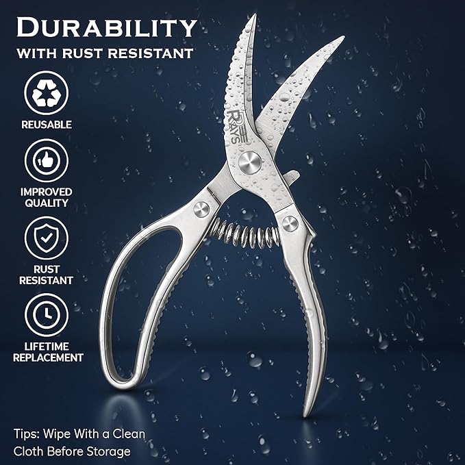 Heavy Duty Poultry Shears – Professional Stainless Steel Kitchen Scissors for Chicken, Turkey, Bone, Meat & Fish – Spring Loaded Spatchcocking Shears – Dishwasher Safe with Safety Lock