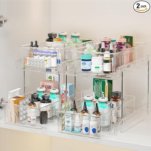 Sevenblue Under Sink Organizer, Bathroom Organizers and Storage, 2 Tier Multi-Use Pull Out Cabinet Organizer with Hang Hooks and Cups (transparent, 2 Pack)