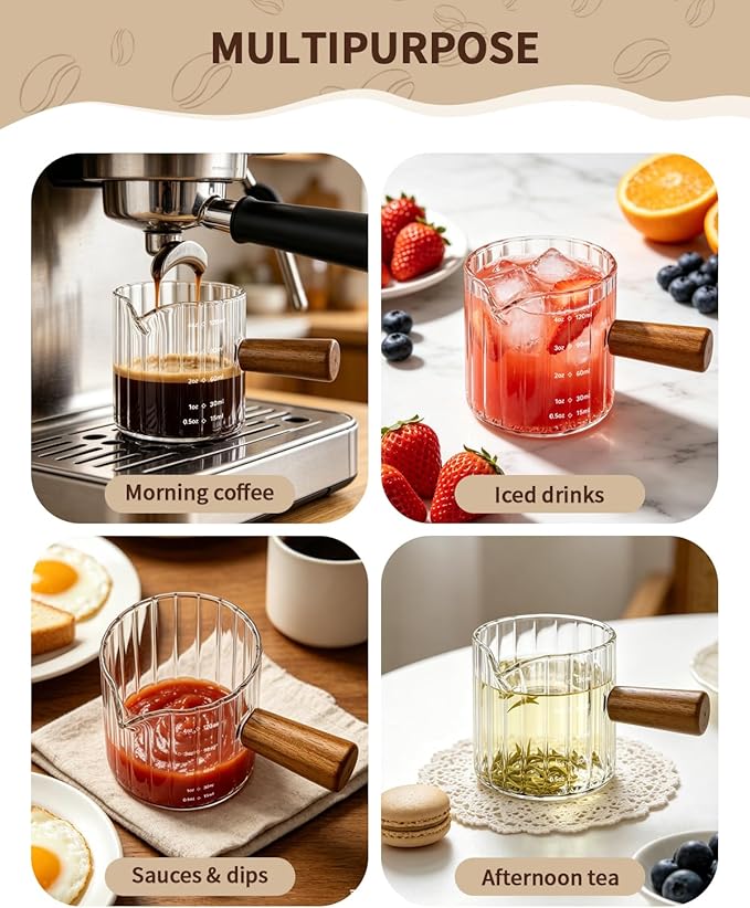 2 Pack Espresso Measuring Cups, 4oz Borosilicate Glass Espresso Shot Glasses with Wood Handle, V-Shaped Spout Ribbed Milk Frothing Cup, Measuring Cup for Coffee, Latte, Cappuccino, Tea, Syrup