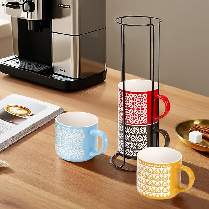 Hiceeden Set of 4 Stackable Coffee Mugs with Rack, 15 oz Colorful Ceramic Coffee Mugs with Metal Stand, Coffee Cup Set for Espresso, Cocoa, Latte, Americano, Cappuccino, Tea, Milk, Multi-colored