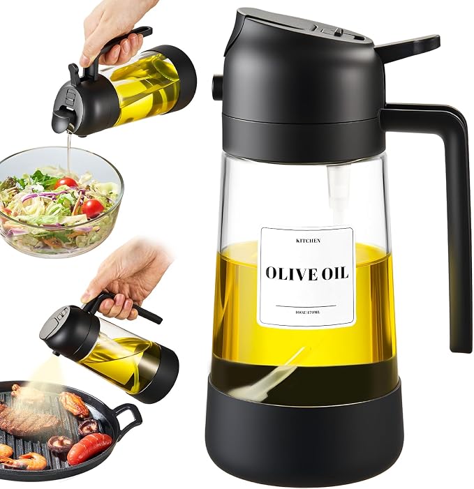 PARACITY Oil Dipenser Bottle with Silicone Bottom, 2 in 1 Olive Oil Sprayer and Dispenser, Oil Spray Bottle 470ML/ 16OZ for Cooking, Kitchen, BBQ, Air Fryer, Salad, Baking(1PC Black)