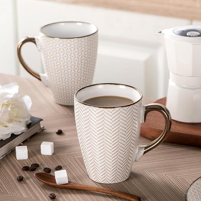 Ceramic Coffee Mug Set - 16 Oz Large Coffee Mugs - Embossed Stoneware Cups with Handle for Latte Tea Cappuccino Cocoa - Microwave Dishwasher Safe - Set of 4 - Square Pattern