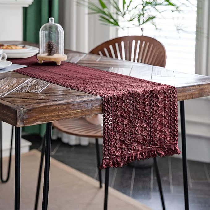 Macrame Table Runner Burgundy Boho Table Runners with Tassels Hand Woven Cotton Table Runner Rustic Farmhouse Table Runners for Bohemian Kitchen Dining Table(12x71in)