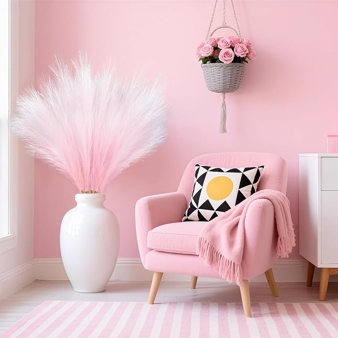 TORONTOKYO 8Pcs Pink Faux Pampas Grass Tall Decor, 35.4” Fluffy Artificial Pompous Grass Branches, Large Pampas Grass Reed Stems for Floor Vase Filler, Wedding, Baby Shower, Home and Boho Decor