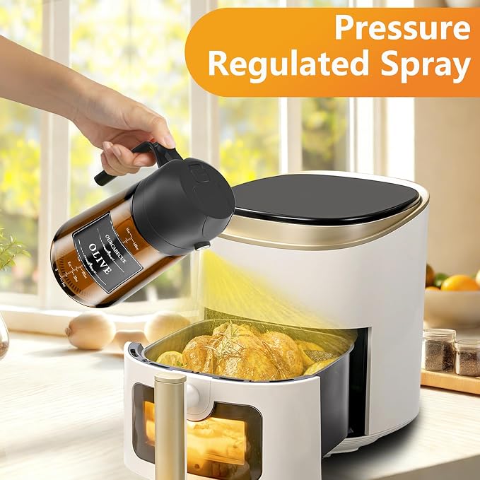 OURCABECUE Upgraded Made Oil Sprayer for Cooking 2 Set, Dark Brown 2 in 1 Spray and Pour Olive Oil Dispenser 16oz 470ml Glass Oil Spray Bottle, Mist Olive Oil Dispensing with Scale & 8 labels