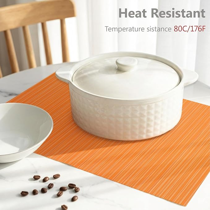 AHHFSMEI Placemats Set of 6 Woven Vinyl Non-Slip Heat Resistant Stain Resistant Easy Clean Place mats for Dining Table(Orange)