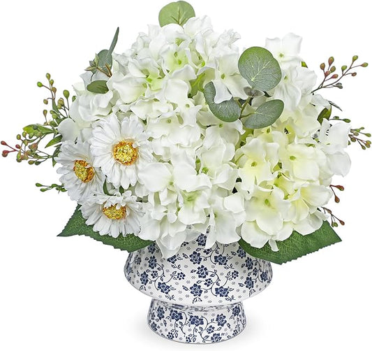 Briful Centerpiece for Dining Table with Faux Hydrangea, Artificial White Hydrangea Arrangement in Blue & White Vase, Dining Table Decor Farmhouse Coffee Table Decor, Fake Flowers in Vase Home Decor
