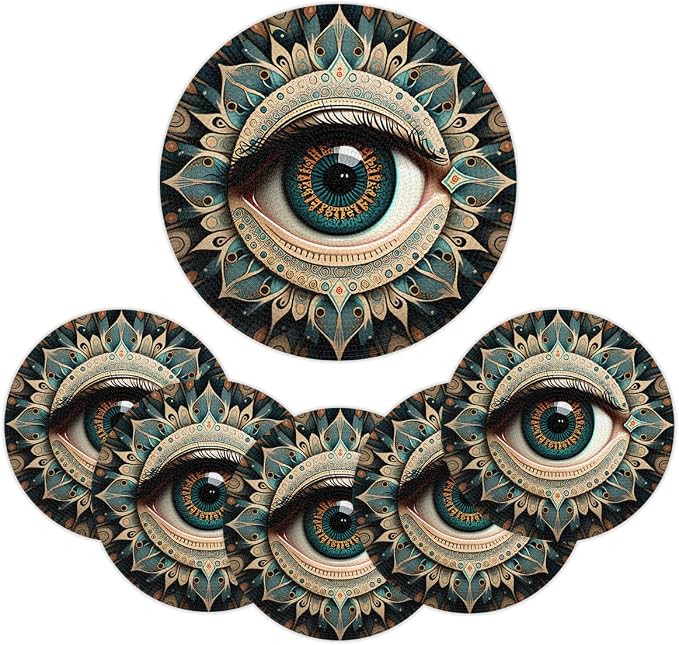 Round Placemats Set of 6, Ethnic Flowers Eye of Evil Woven Placemats Mats Non-Slip Heat Resistant Washable Table Mats Round Braided Place for Farmhouse Kitchen Dining Party Decor 15in