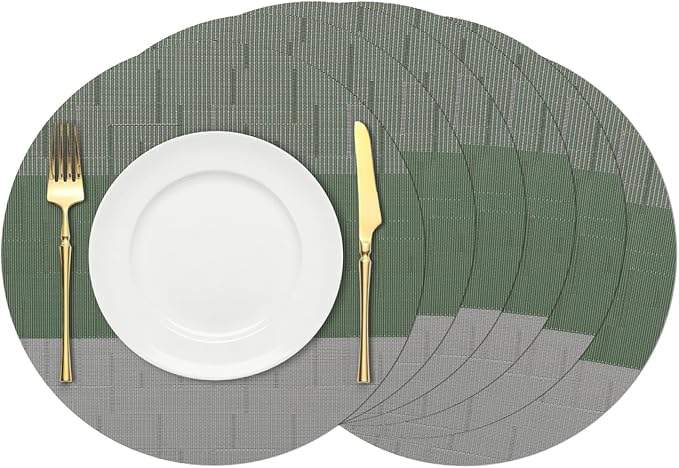 Round Placemats Set of 6, 15 Inch Woven Vinyl Heat Resistant Place Mats, Washable Non Slip PVC Table Mats for Kitchen Dining Party Outdoor Table Decor (Gray Sage Green, 6)