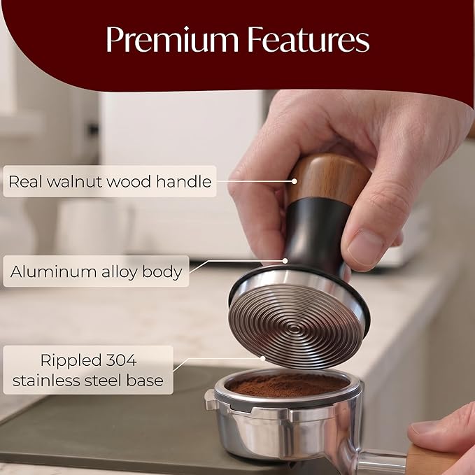 Espresso Tamper for 54mm Portafilter – Adjustable Depth Spring Loaded Tamper for Consistent Tamping – Barista Coffee Press Tool with Stainless Steel Base – Black & Walnut