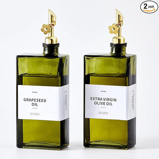 Olive Oil Dispenser Bottle for Kitchen, 16.9oz /500ml Cooking Vinegar Dispenser Bottle Set, Glass Sauce Container, Labels, Brush, Funnel, Stoppers, Green for Oil, Wine
