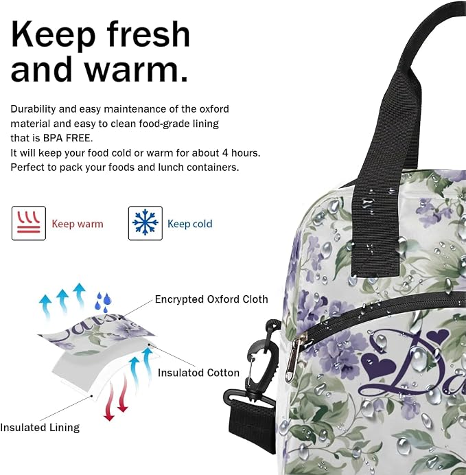Personalized Flower Floral Lunch-Bag for Women, Custom Insulated Cooler Lunch Box with Name, Leakproof-Reusable Lunch Tote Bag for Work Office Picnic - Light Purple