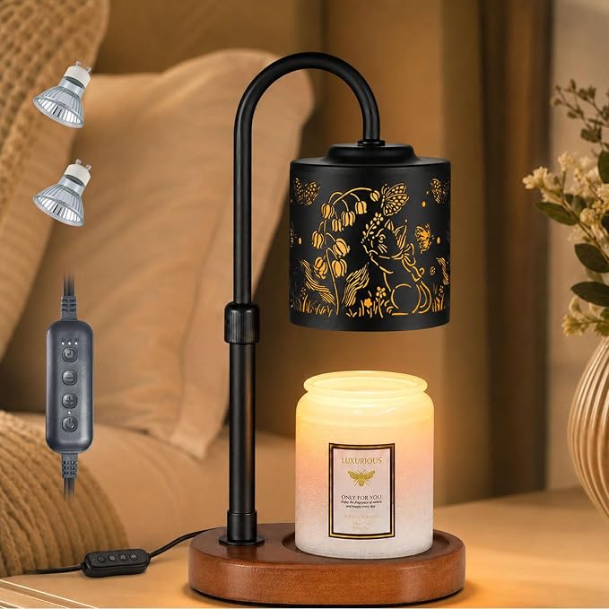 Dimmable Candle Warmer Lamp with Timer Adjustable Height for Scented Jar Candles Electric Candle Wax Melt Warmer for Home Decor Christmas Birthday Gifts for Women Mom(Butterfly+Cat)