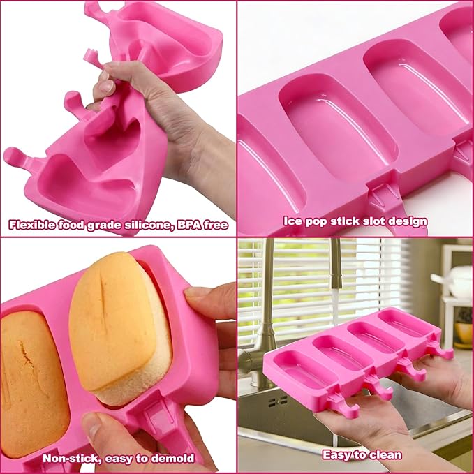 Juome Cake Pop Mold Kit, 2 Pack 8 Cavities Cakesicle Molds Silicone with 100 Wooden Sticks & 100 Packaging Bags with Ties, Cake Pop Maker Supplies Accessories, Baking Tools for Home Desserts (Pink)
