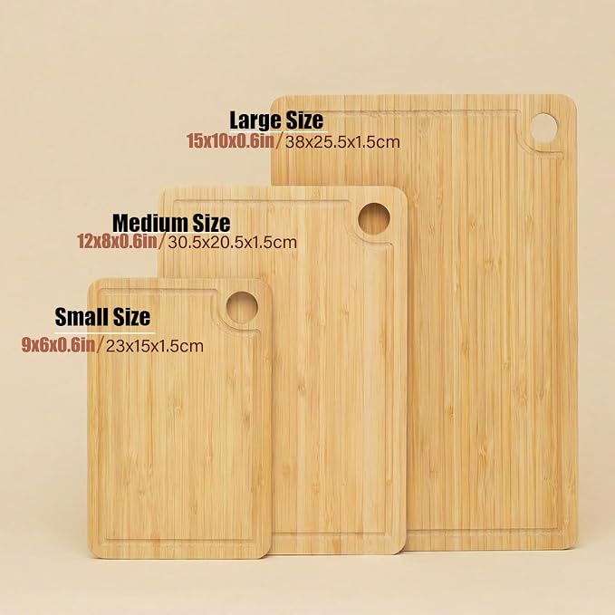 3 Pack Bamboo Cutting Board Set for Kitchen, Organic Wood Chopping Boards with Juice Groove Handles, Heavy Duty Non Toxic Meat Fruit Cheese, Ideal Housewarming Kitchen Gifts