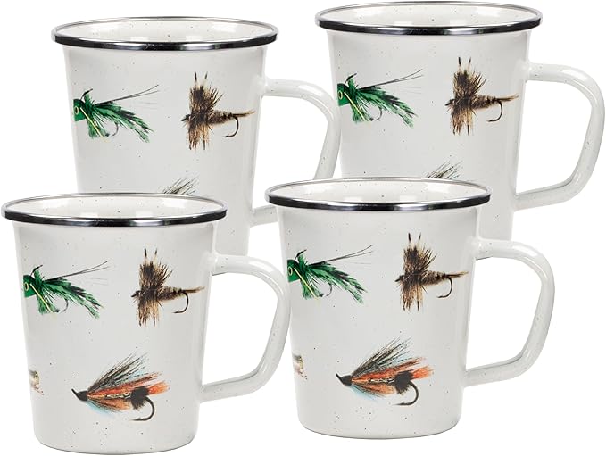 Golden Rabbit Enamelware Latte Coffee or Tea Mugs, 16 ounce, Fishing Fly, Set of 4