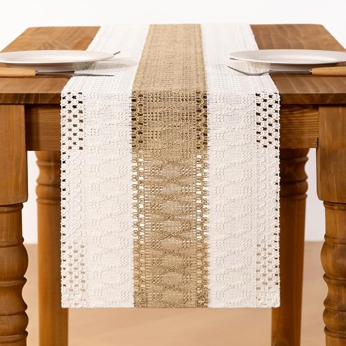 MLMC Ivory & Burlap Boho Table Runner Farmhouse Cotton Burlap Woven Table Runner 48 inch Long Rustic Seasonal Table Decor for Dinning Kitchen Wedding Bridal Shower Eveyrday Use 12x48 Inch