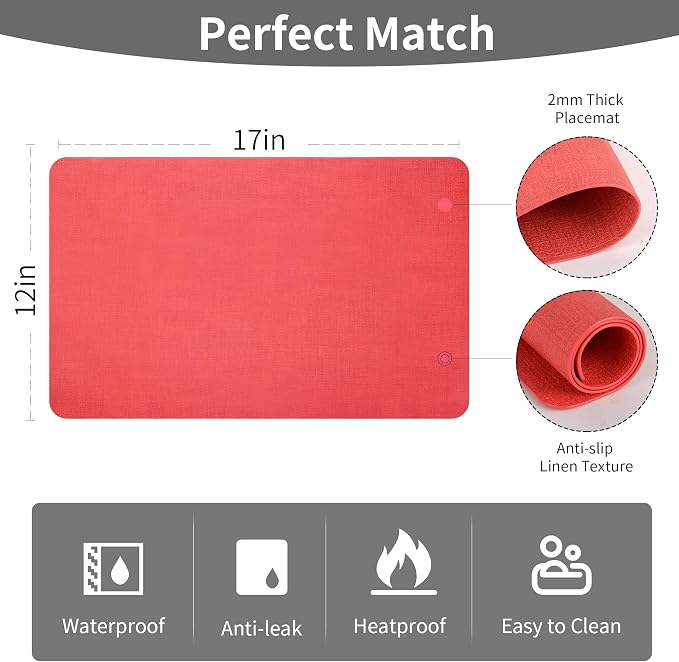 Maxpearl Red Placemats Set of 6, Faux Leather Dining Table Mats -Waterproof - Wipe Clean - Heat Resistant - Anti Slip, Suitable for Indoor & Outdoor Use, 17''×12''