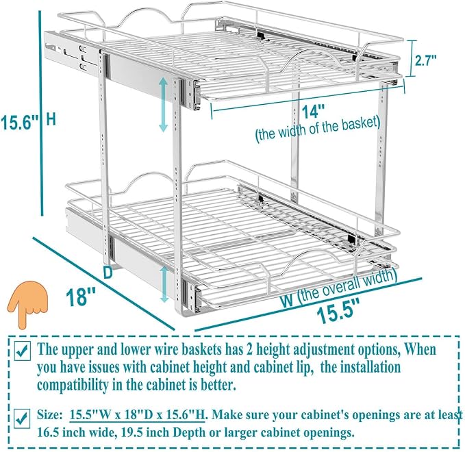 OCG 2 Tier Pull Out Cabinet Organizer (15.5" W x 18" D), Pull Out Drawers for Kitchen Cabinets, Pull Out Shelves for Base Cabinet Organization in Kitchen Bathroom Pantry, Chrome Finish