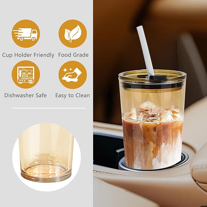 24oz Drinking Glasses Cups Set of 2 Leak Proof Iced Coffee Glass Tumbler with Lid Straw Glassware for Juice Coffee Smoothie Boba Tea(Gray & Amber)