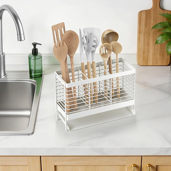 Utensil Holder, Upgrade Stainless Steel Utensil Drying Rack with Automatic Drain Tray for Kitchen Counter, Silverware Cutlery Organizer for Spoons, Forks, Knifes, Chopsticks (White)