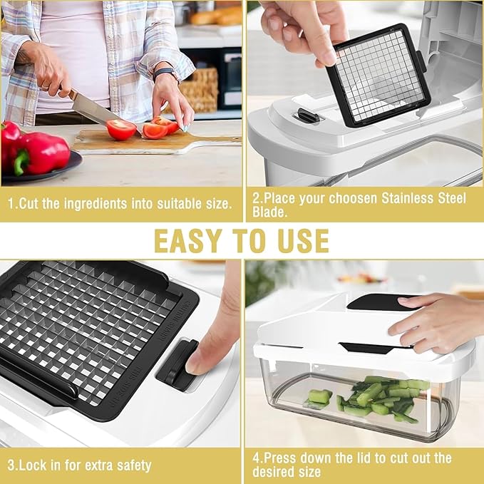 Vegetable Chopper with Container - 15-in-1 Mandoline Slicer, Food Dicer, Onion Cutter & Cheese Grater - Manual Veggie Chopper with Storage, Stainless Steel Blades