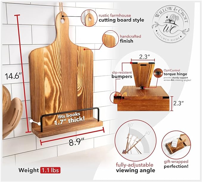 Willow & Croft Premium Cook Book Stand. Farmhouse Cutting Board Stand Cookbook Holder, Recipe Book Holder. Distressed Cookbook Stand for Kitchen Counter. Rustic Home Decor, Adjustable Display Stand.