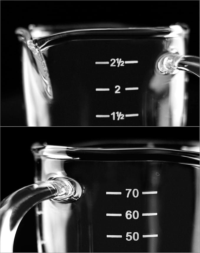 QWORK Espresso Shot Glass with Handle, 2 Pack 3-Ounce Double Spout Glass Measuring Cup Triple Pitcher Milk Cup with Two Scales (OZ&ML)